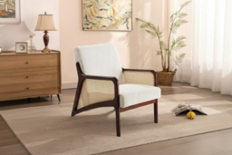 Beige Corduroy Armchair Featuring Stylish Rattan Armrests and Wood Frame - thumbnail 8