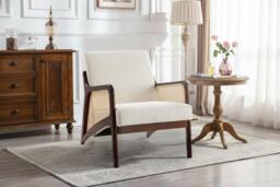 Beige Corduroy Armchair Featuring Stylish Rattan Armrests and Wood Frame - thumbnail 3