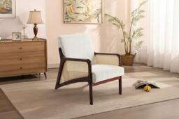 Beige Corduroy Armchair Featuring Stylish Rattan Armrests and Wood Frame - thumbnail 4
