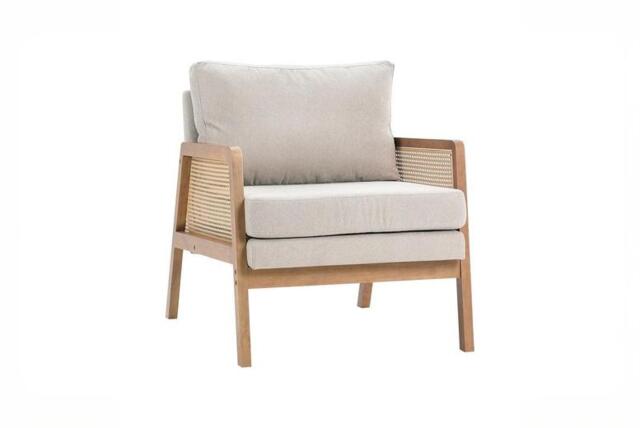 Cushioned Wooden Armchair with Light Grey Upholstery - Caned Sides & Solid Construction - image 1