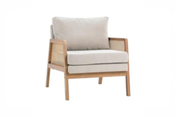 Cushioned Wooden Armchair with Light Grey Upholstery - Caned Sides & Solid Construction - thumbnail 5