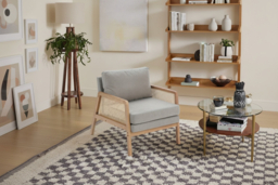 Cushioned Wooden Armchair with Light Grey Upholstery - Caned Sides & Solid Construction - thumbnail 6