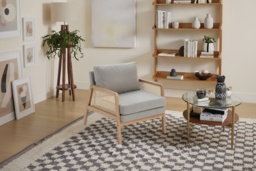 Cushioned Wooden Armchair with Light Grey Upholstery - Caned Sides & Solid Construction - thumbnail 2
