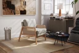 Cushioned Wooden Armchair with Light Grey Upholstery - Caned Sides & Solid Construction - thumbnail 3