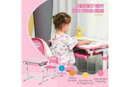 Kids Adjustable Study Desk & Chair Set - Pink, Steel & MDF, Ergonomic, Storage, Compact Living Room Furniture - thumbnail 4