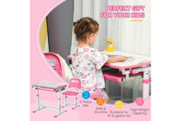 Kids Adjustable Study Desk & Chair Set - Pink, Steel & MDF, Ergonomic, Storage, Compact Living Room Furniture - thumbnail 8