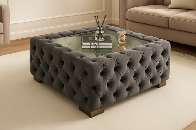 Grey Velvet Chesterfield Glass Top Coffee Table - Luxury Living Room Centrepiece, 60cm Or 90cm! - image 1