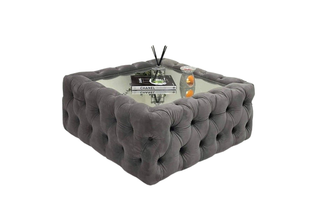 Grey Velvet Chesterfield Glass Top Coffee Table - Luxury Living Room Centrepiece, 60cm Or 90cm! - image 1