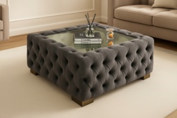 Grey Velvet Chesterfield Glass Top Coffee Table - Luxury Living Room Centrepiece, 60cm Or 90cm! - thumbnail 1