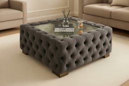 Grey Velvet Chesterfield Glass Top Coffee Table - Luxury Living Room Centrepiece, 60cm Or 90cm! - thumbnail 2