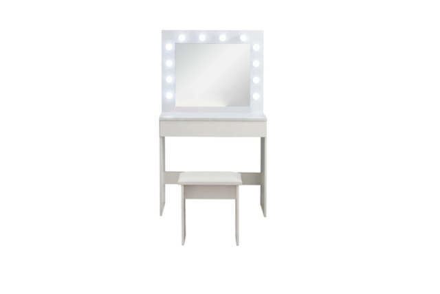 Hollywood Dressing Table Set with LED Mirror, Stool & Grey Accents - Modern Bedroom Vanity, Two Drawers, Square Mirror - image 1