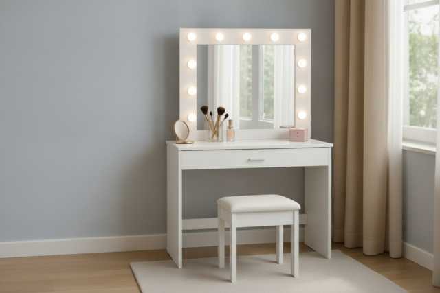 Hollywood Dressing Table Set with LED Mirror, Stool & Grey Accents - Modern Bedroom Vanity, Two Drawers, Square Mirror - image 1