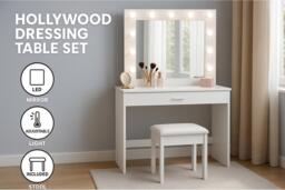 Hollywood Dressing Table Set with LED Mirror, Stool & Grey Accents - Modern Bedroom Vanity, Two Drawers, Square Mirror - thumbnail 2