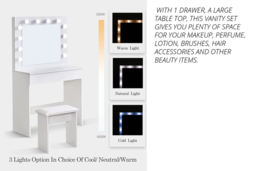 Hollywood Dressing Table Set with LED Mirror, Stool & Grey Accents - Modern Bedroom Vanity, Two Drawers, Square Mirror - thumbnail 4