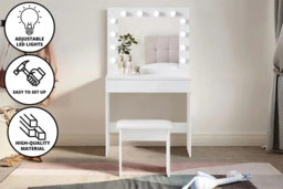 Hollywood Dressing Table Set with LED Mirror, Stool & Grey Accents - Modern Bedroom Vanity, Two Drawers, Square Mirror - thumbnail 4