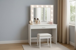 Hollywood Dressing Table Set with LED Mirror, Stool & Grey Accents - Modern Bedroom Vanity, Two Drawers, Square Mirror - thumbnail 3