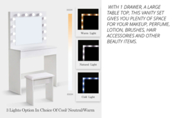 Hollywood Dressing Table Set with LED Mirror, Stool & Grey Accents - Modern Bedroom Vanity, Two Drawers, Square Mirror - thumbnail 8