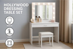 Hollywood Dressing Table Set with LED Mirror, Stool & Grey Accents - Modern Bedroom Vanity, Two Drawers, Square Mirror - thumbnail 6