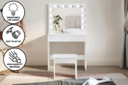 Hollywood Dressing Table Set with LED Mirror, Stool & Grey Accents - Modern Bedroom Vanity, Two Drawers, Square Mirror - thumbnail 8