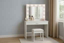 Hollywood Dressing Table Set with LED Mirror, Stool & Grey Accents - Modern Bedroom Vanity, Two Drawers, Square Mirror