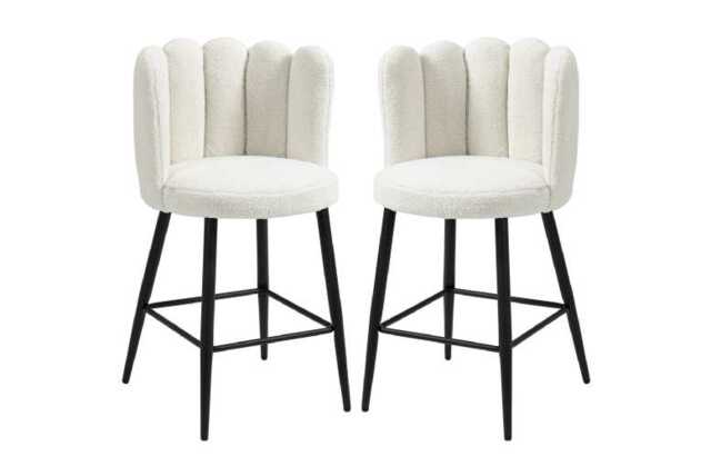 PRICE DROP! Faux Cashmere Bar Stools Set of 2 - Cream - Modern Upholstered Kitchen Chairs with Backrest - image 1