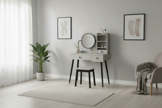 Grey Wooden Dressing Table Set with Mirror, Stool & Storage Drawers - Contemporary Bedroom Vanity Furniture - image 1