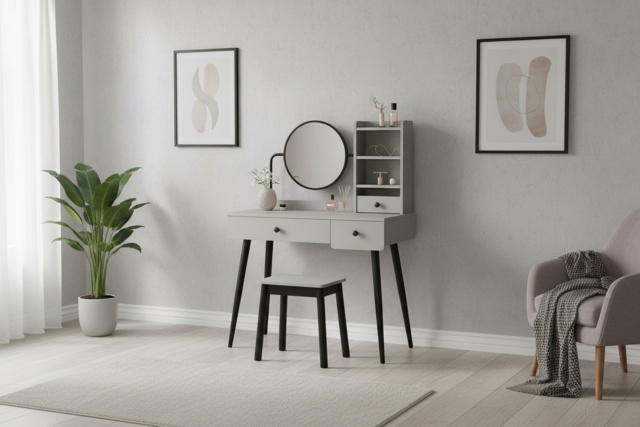 Grey Wooden Dressing Table Set with Mirror, Stool & Storage Drawers -  Contemporary Bedroom Vanity by Wowcher | uFurnish.com