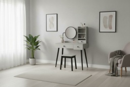Grey Wooden Dressing Table Set with Mirror, Stool & Storage Drawers - Contemporary Bedroom Vanity Furniture