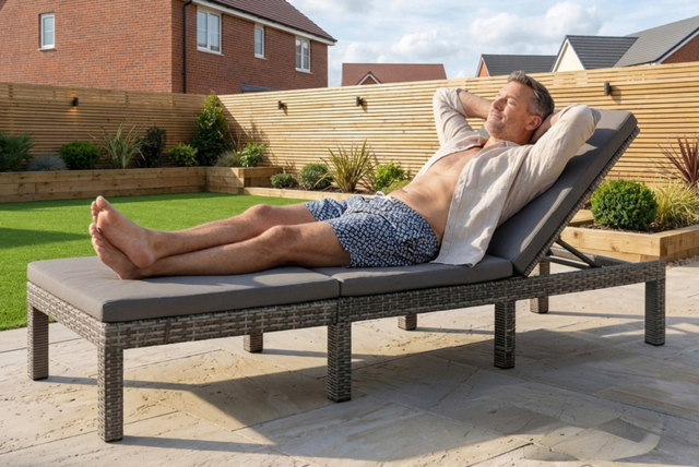 Grey Rattan Adjustable Reclining Sun Lounger With Cushions, 5 Positions - image 1