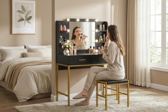 Black Vanity Table Set with Lighted Mirror, Upholstered Stool & Storage Drawers - Contemporary Bedroom Furniture - image 1