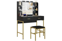 Black Vanity Table Set with Lighted Mirror, Upholstered Stool & Storage Drawers - Contemporary Bedroom Furniture - thumbnail 6