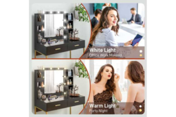 Black Vanity Table Set with Lighted Mirror, Upholstered Stool & Storage Drawers - Contemporary Bedroom Furniture - thumbnail 8