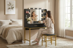 Black Vanity Table Set with Lighted Mirror, Upholstered Stool & Storage Drawers - Contemporary Bedroom Furniture - thumbnail 1