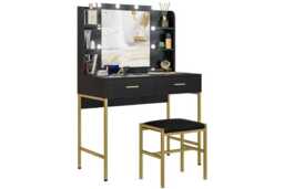 Black Vanity Table Set with Lighted Mirror, Upholstered Stool & Storage Drawers - Contemporary Bedroom Furniture - thumbnail 2
