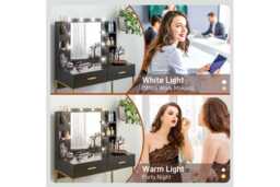 Black Vanity Table Set with Lighted Mirror, Upholstered Stool & Storage Drawers - Contemporary Bedroom Furniture - thumbnail 4