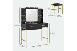Black Vanity Table Set with Lighted Mirror, Upholstered Stool & Storage Drawers - Contemporary Bedroom Furniture - thumbnail 3