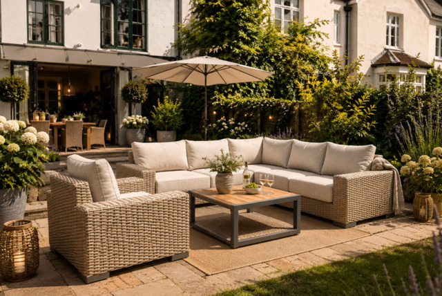 Rafi Chunky Rattan Outdoor Corner Sofa Set with Armchair & Table - image 1