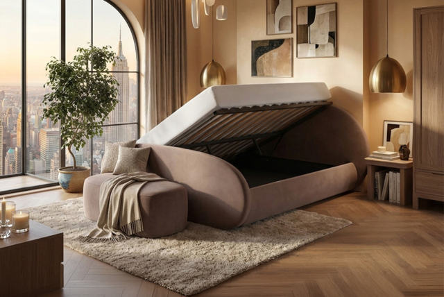 Amos Beige Velvet Ottoman Bed with Side Lift Storage & Oval Headboard - Double or King Size - image 1