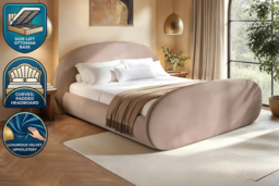 Amos Beige Velvet Ottoman Bed with Side Lift Storage & Oval Headboard - Double or King Size - thumbnail 6