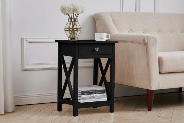 Wooden Bedside Table with Drawer in Classic Black or White - image 1