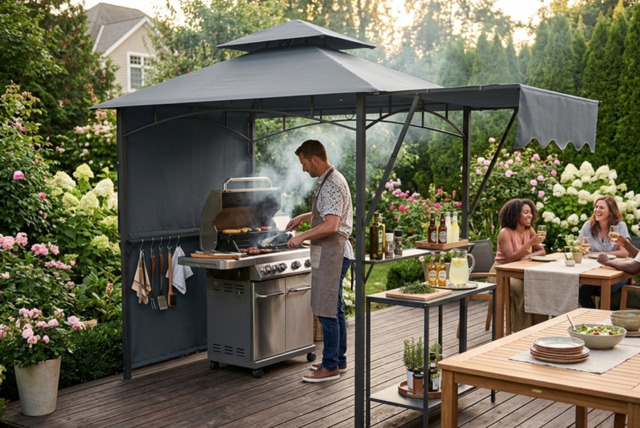 Spacious Grill Gazebo with Dual Adjustable Awnings and Storage Hooks, 398 x 153cm - image 1
