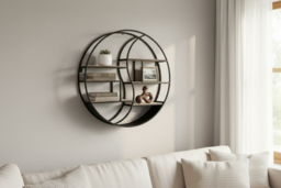 60cm Metal & Wood Round Wall Shelf - Modern Decorative Storage Rack, Wall Art Display, Large Floating Shelves - thumbnail 6
