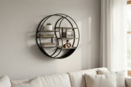 60cm Metal & Wood Round Wall Shelf - Modern Decorative Storage Rack, Wall Art Display, Large Floating Shelves - thumbnail 2