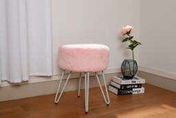 Luxurious Round Fuzzy Ottoman Vanity Stool with Plush Pink Upholstery - thumbnail 3
