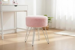 Luxurious Round Fuzzy Ottoman Vanity Stool with Plush Pink Upholstery - thumbnail 6