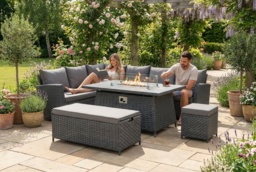 CLEARANCE! Rattan 9-Seater Outdoor Sofa Dining Set with Fire Pit - Weatherproof Polyrattan - thumbnail 2