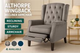PRICE DROP! Althorpe Velvet & Tartan Reclining Armchair - Wingback, Plush Foam, Compact Recliner Chair - thumbnail 2