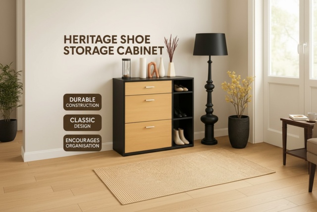 Heritage Black & Oak Tall Wooden Shoe Storage Cabinet - Space-Saving Modern Organiser - image 1