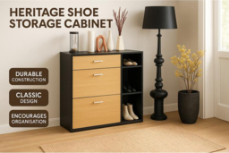 Heritage Black & Oak Tall Wooden Shoe Storage Cabinet - Space-Saving Modern Organiser - thumbnail 6