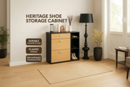 Heritage Black & Oak Tall Wooden Shoe Storage Cabinet - Space-Saving Modern Organiser - thumbnail 5